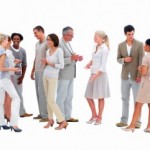 A group of people mind their posture while standing up in conversation