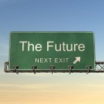 Giant highway sign saying THE FUTURE and an exit arrow
